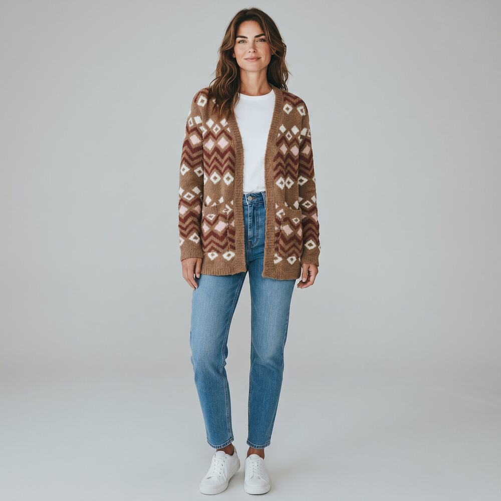 Womens Cardigan Size Large Fuzzy Cozy Cream Brown Winter Fall Buttons New NWT